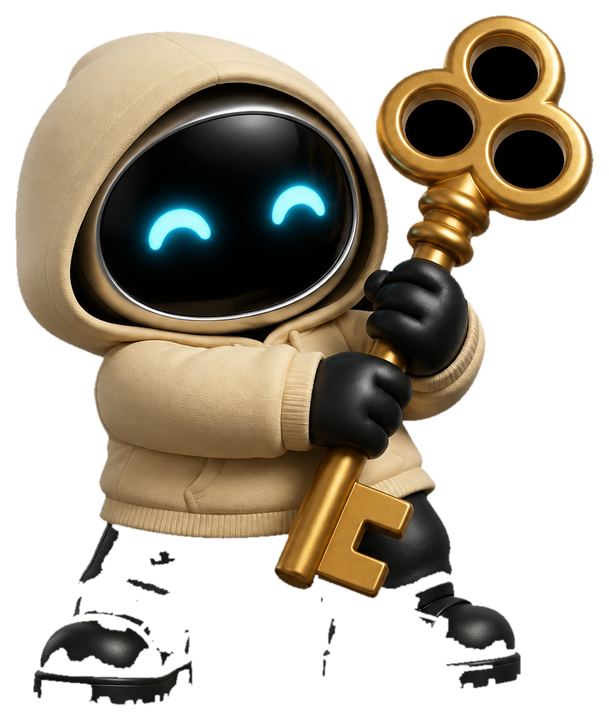 Hunter, Chest’s guide — a small robot in a cream hoodie with a silver visor and glowing cyan eyes, holding a brass key.